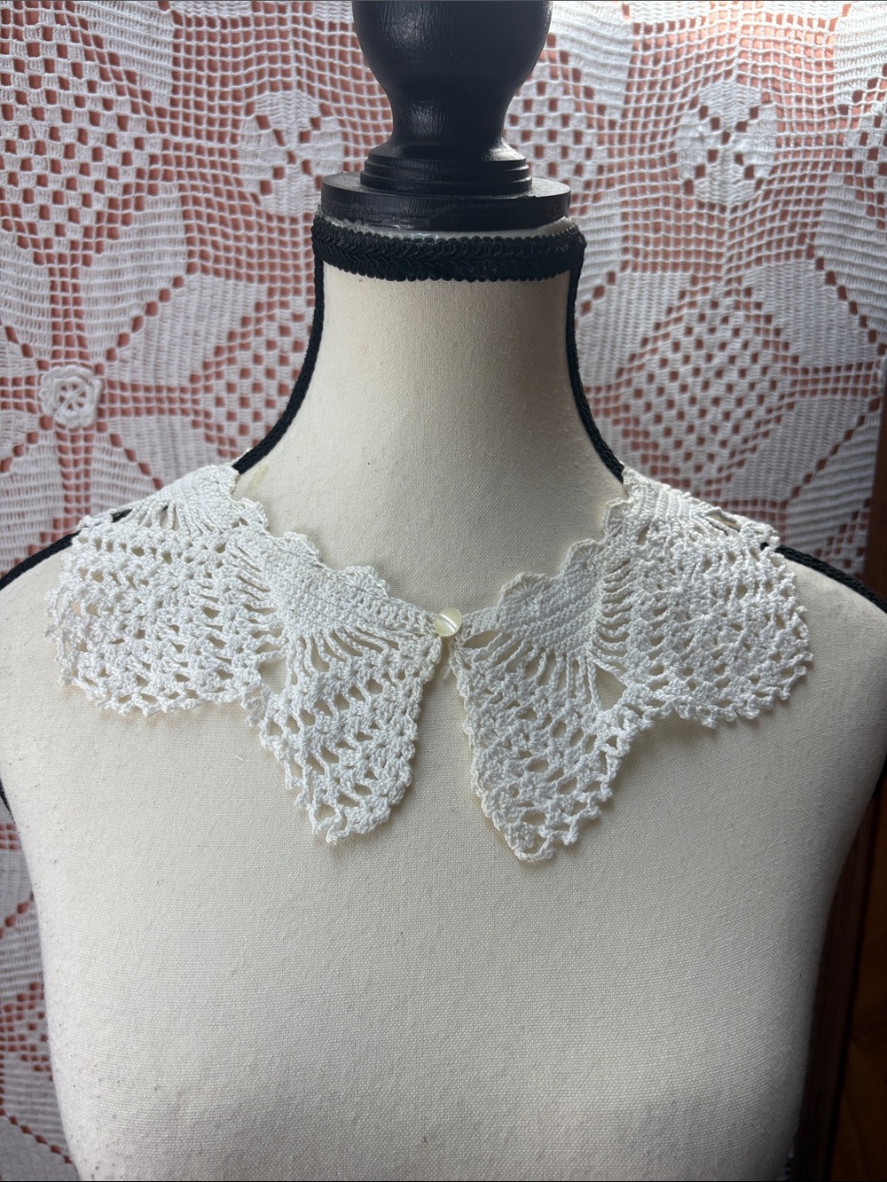 Vintage Hand Crochet Lace Collar White Button Cottagecore Victorian